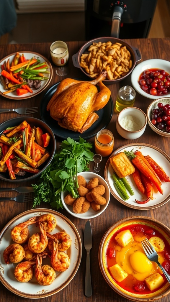 Emeril Lagasse French Door Air Fryer 360 Recipes A table set with roasted chicken, vegetables, shrimp, and fruit dessert made in the Emeril Lagasse Air Fryer.